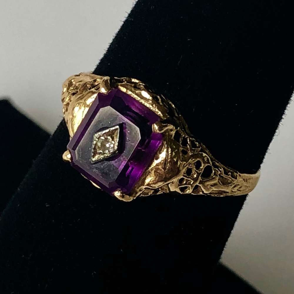 SOLD Art Nouveau 14k Plumb Amethyst Diamond Ring